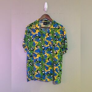 Disney Mickey Mouse Green Tropical Hawaiian Shirt Size Medium